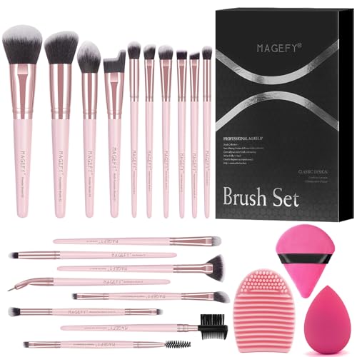 Makeup Brushes MAGEFY 18 Pcs Premium Synthetic Powder Blush Eyeshadow Brush Kit Professional Make up Brushes Set with Makeup Sponges/Powder Puff/Brush Cleaner(Pink)