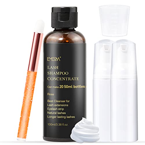EMEDA Lash Shampoo Concentrate for Lash Extensions 100ml Eyelash Extension Cleanser Concentrate Bulk Liquid Kit with Brush Bottle Foam Soap Lash Bath Solution - Makes 20 Bottles 50ml Shampoo (Rose)