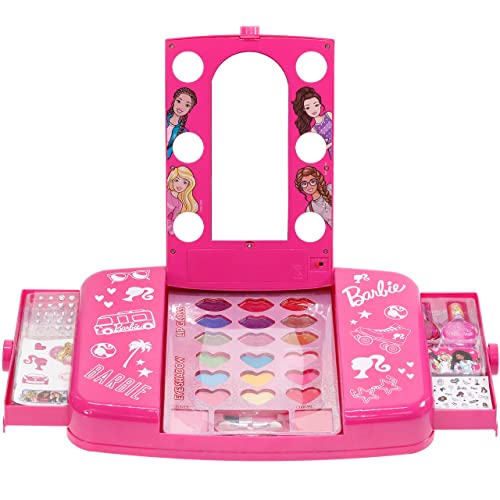 Townley Girl Barbie Beauty Vanity Set with Light-Up Mirror | Includes Lip Gloss, Eye Shadow, Brushes, Nail Polish, Accessories, and More! |Ages 3+ | Perfect for Parties, Sleepovers, and Makeovers