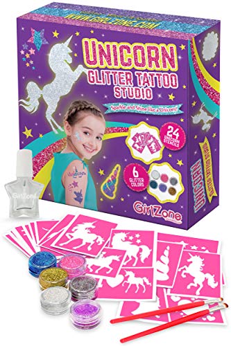 GirlZone Unicorn Glitter Tattoo Studio, Easy To Use and Skin-Safe Kids Temporary Sparkle Tattoos for Creative Playtime, Fun Party Crafts for Kids