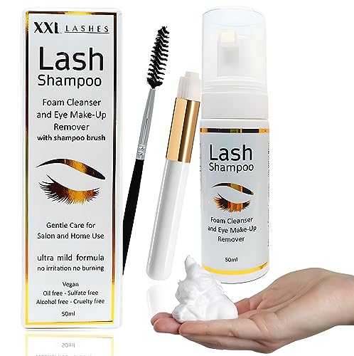 XXL Lashes Eyelash Shampoo for Eyelash Extensions, Micellar Foam Cleanser with Wild Rose, Lash Shampoo with Foam Nozzle, Eyelash Care incl. Brush, Makeup and Eyelid Eleaner for Eyelashes, 50 ml