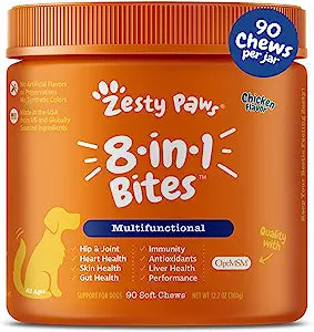 Zesty Paws Multivitamin Treats for Dogs - Glucosamine Chondroitin for Joint Support + Digestive Enzymes & Probiotics - Grain Free Dog Vitamin for Skin & Coat + Immune Health - Chicken Flavor - 90ct