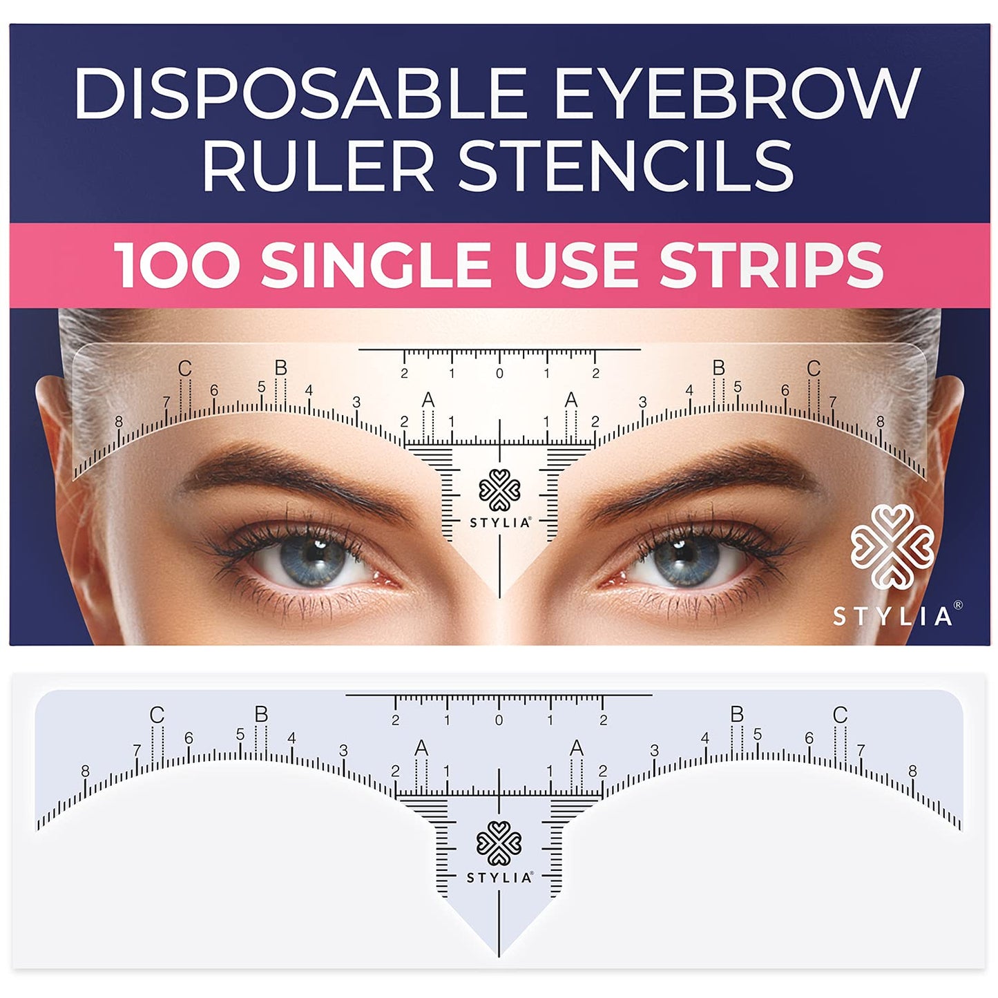 Disposable Eyebrow Ruler Stencils - Transparent Mapping Stickers for Microblading, Henna, Brow Extensions, Permanent Makeup - Peel & Stick Measuring Shaper Tool for All Face Shapes - 100-Pack