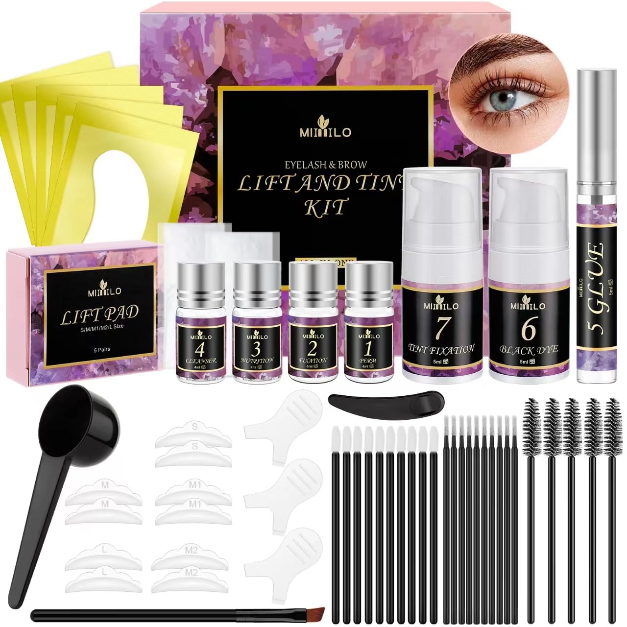 JUANPHEA Lash Lift Kit and Color Kit 4 in 1, Brow Lamination Kit, Professional Eyelash Perm Kit and Eyebrow Lamination Kit Lasting for 6-8 Weeks, Suitable for Salon & Home Use
