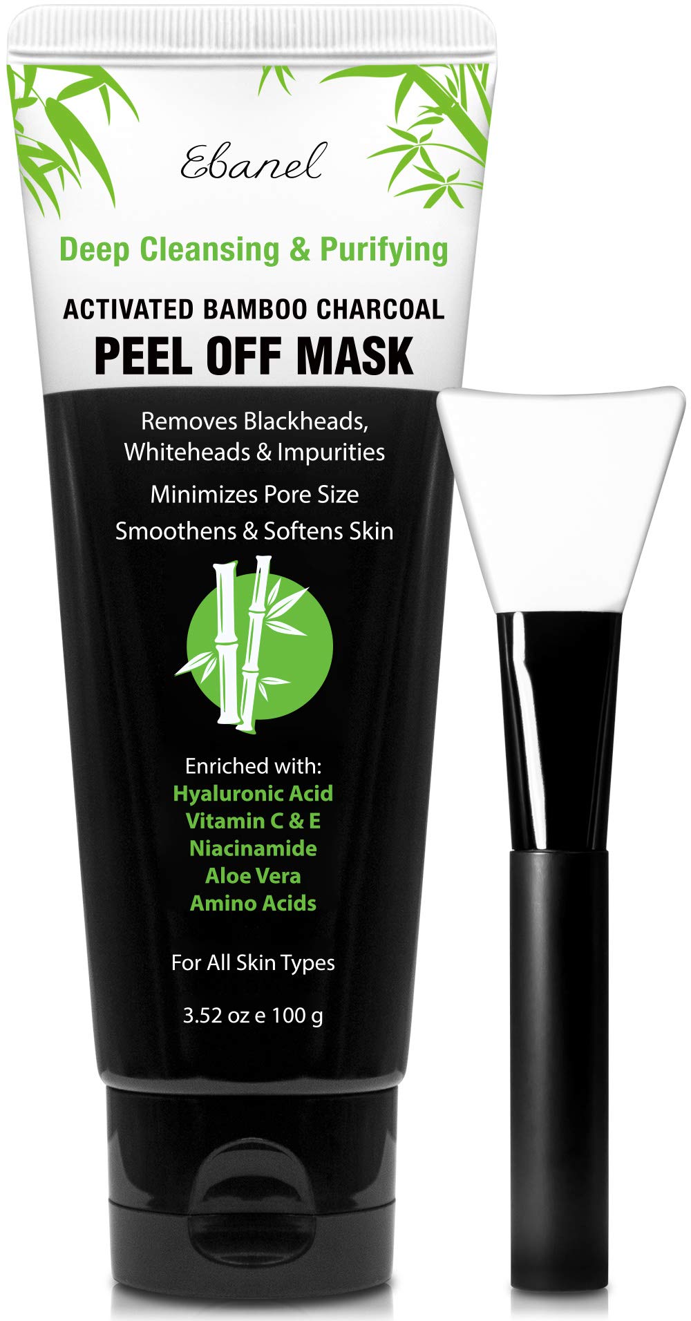 Ebanel Blackhead Remover Charcoal Peel Off Face Mask with Brush, Deep Cleansing Purifying Charcoal Mask Pore Cleaner Minimizer with Niacinamide, Hyaluronic Acid, Aloe, Green Tea, Brush May Vary