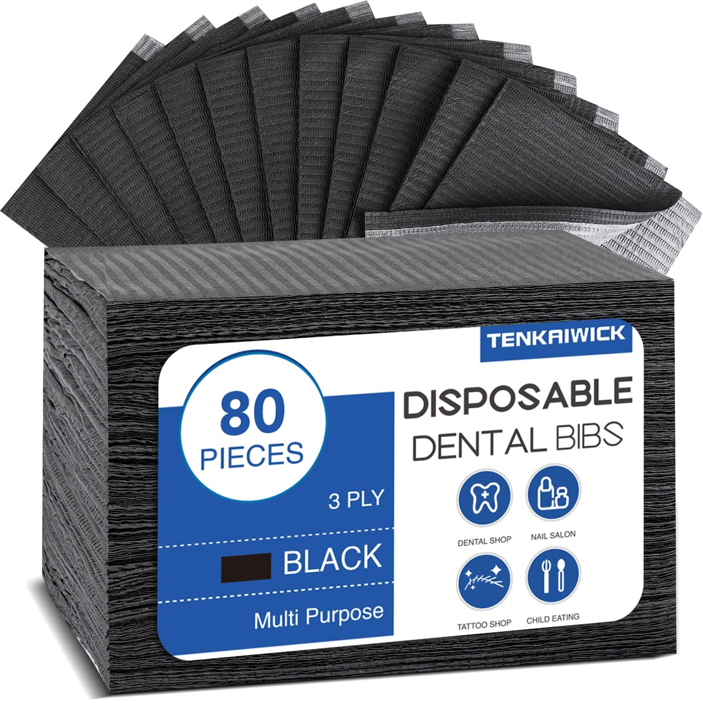 80 Pack Disposable Dental Bibs 13"x18",3-Ply Waterproof Tattoo Bibs Sheet for Nail Salon,Dental Clinic,Feeding,Tattoo Shop (Black)