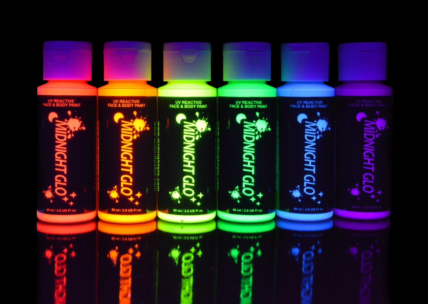 Midnight Glo Black Light Face And Body Paint - Neon Makeup Fluorescent Blacklight Reactive UV Glow Paints 2oz - Set of 6 Bottles