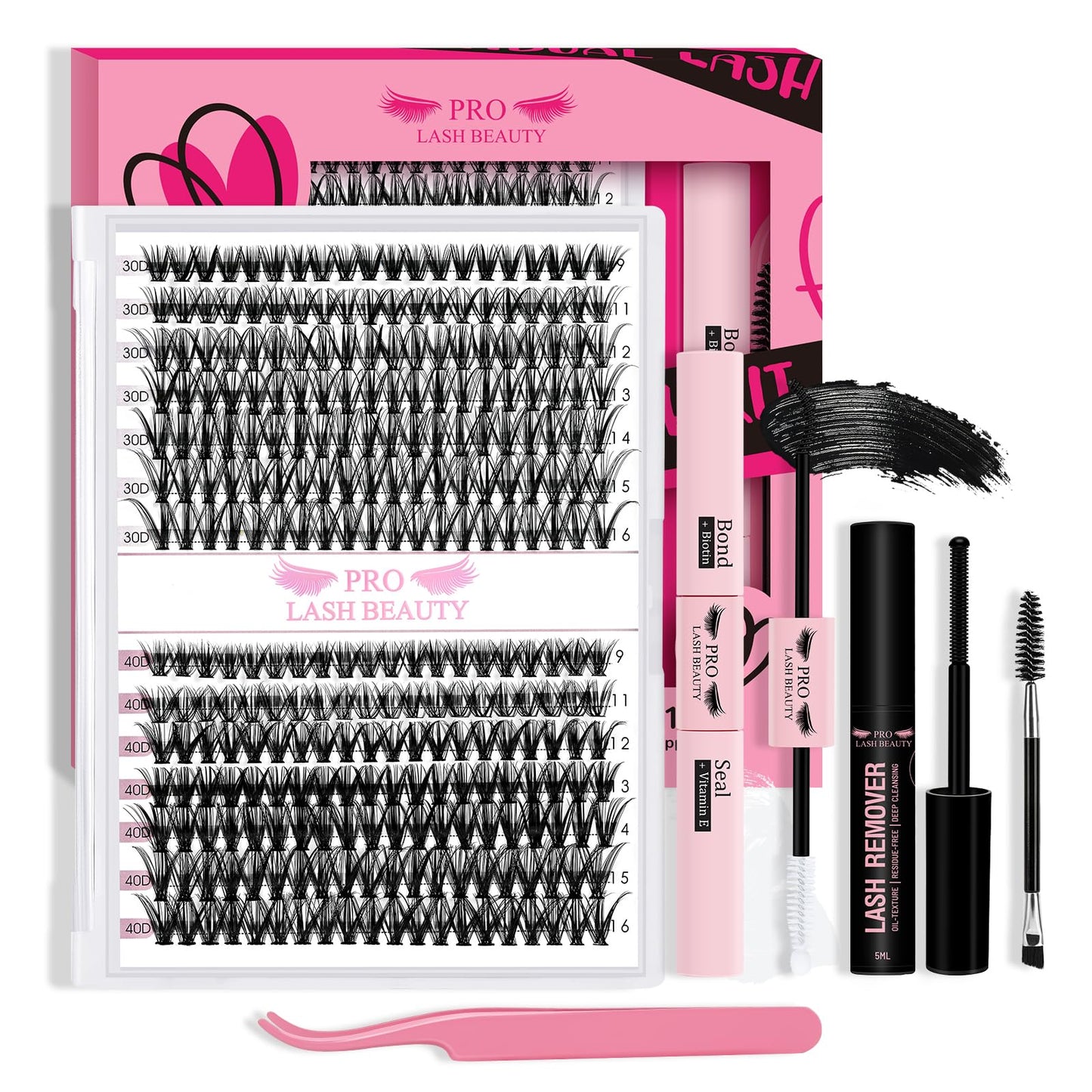 Lash Extension Kit 280Pcs Lash Clusters Eyelash Extension Kit with Lash Bond and Seal Lash Remover Lash Applicator Individual Lashes Kit Eyelash Brush Easy to Apply at Home(30D+40D-9-16mix Kit)