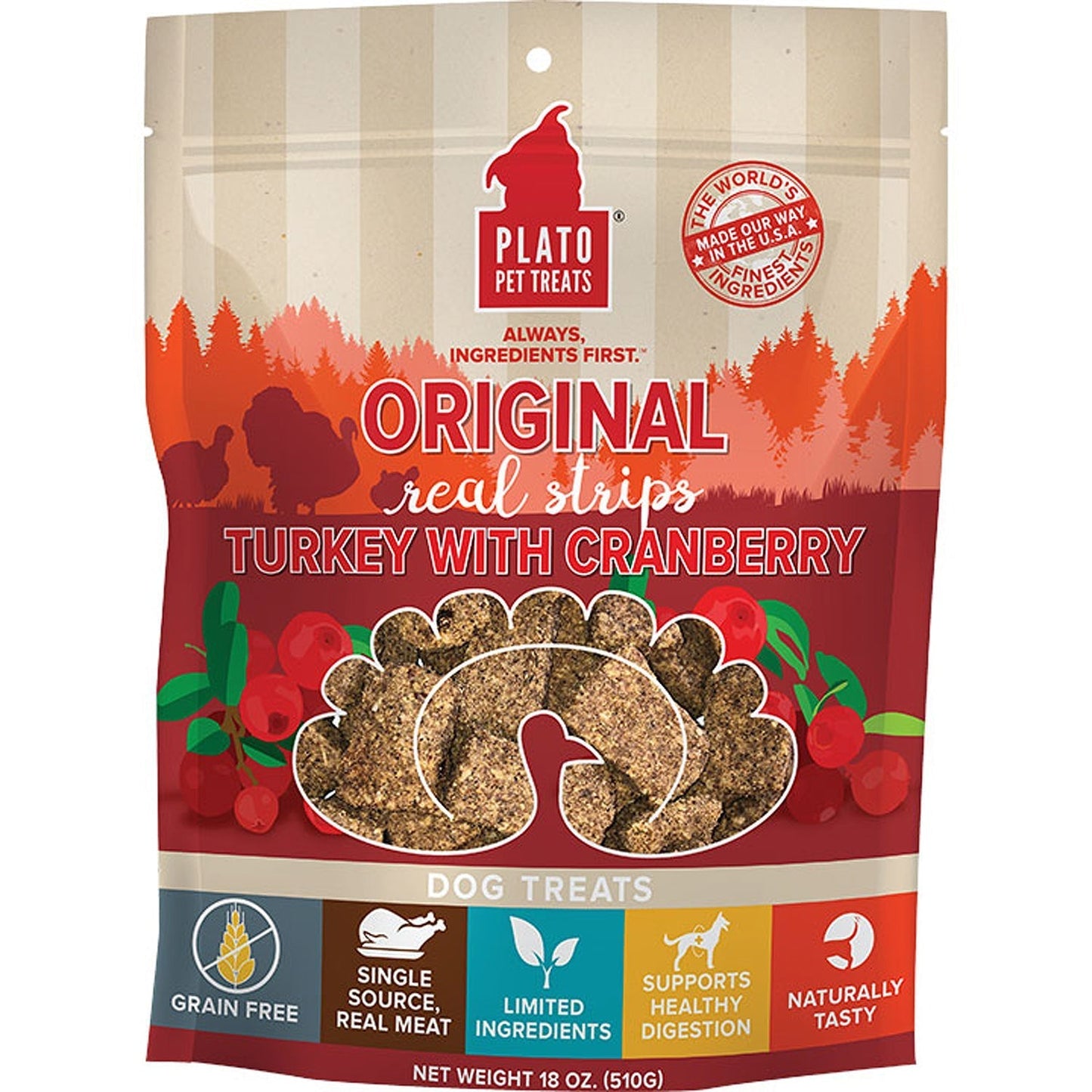 Plato Dog Strp Grain Free Turkey Cranbury 18oz,