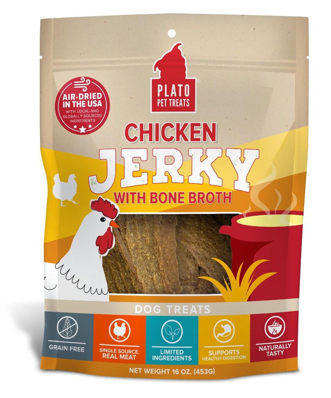 Plato Dog Jerky Chicken With Bone Broth 16oz,