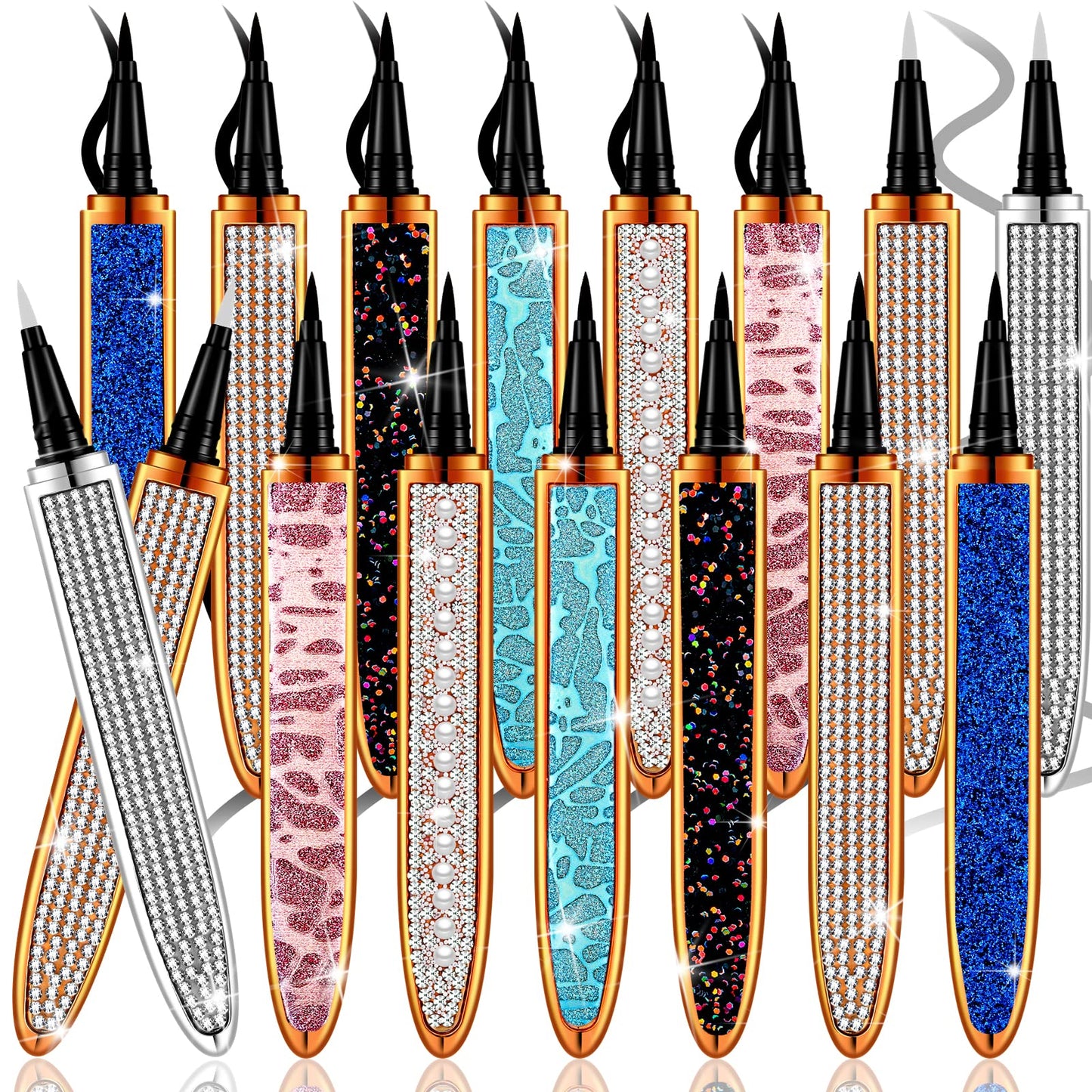 36 Pieces Self Adhesive Eyeliner Set 16 Pcs 2 in 1 Eye Liner Pen Diamond Glitter Liquid Eyeliner Pen Non Magnetic Eyeliner Glue Pen for Lashes with 20 Pcs Pink Lash Wand for Women Girls Eye Makeup