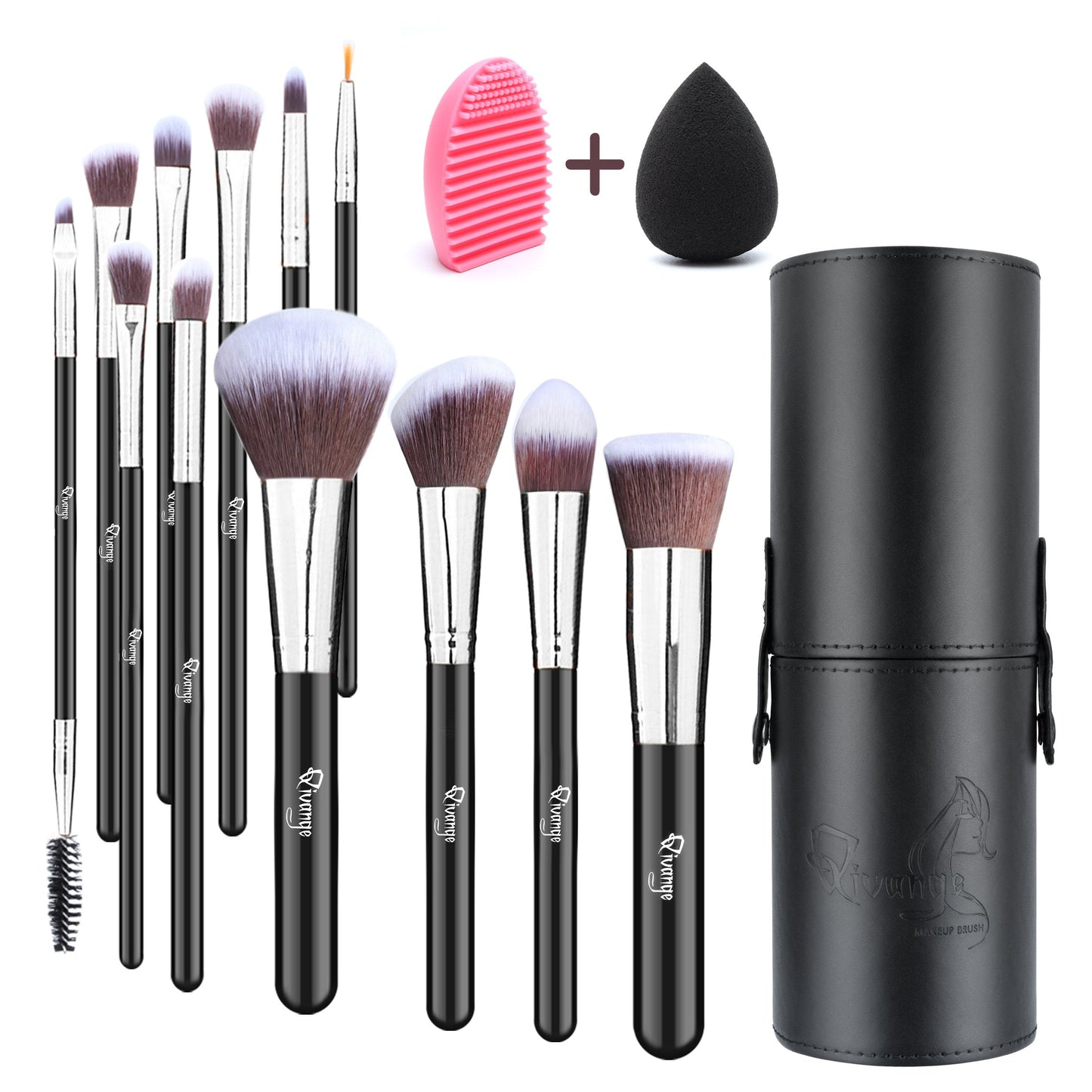 Qivange Makeup Brushes with Case, Makeup Brush Set 12PCS Foundation Powder Concealers eyeshadow Face Blush Brushes with Blender Sponge Sponge, Brush Cleaner(12 pcs, Black with Sliver)