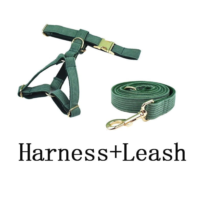 Dark Green Corduroy Dog Collar And Leash Set With Engraved Nameplate GROOMY