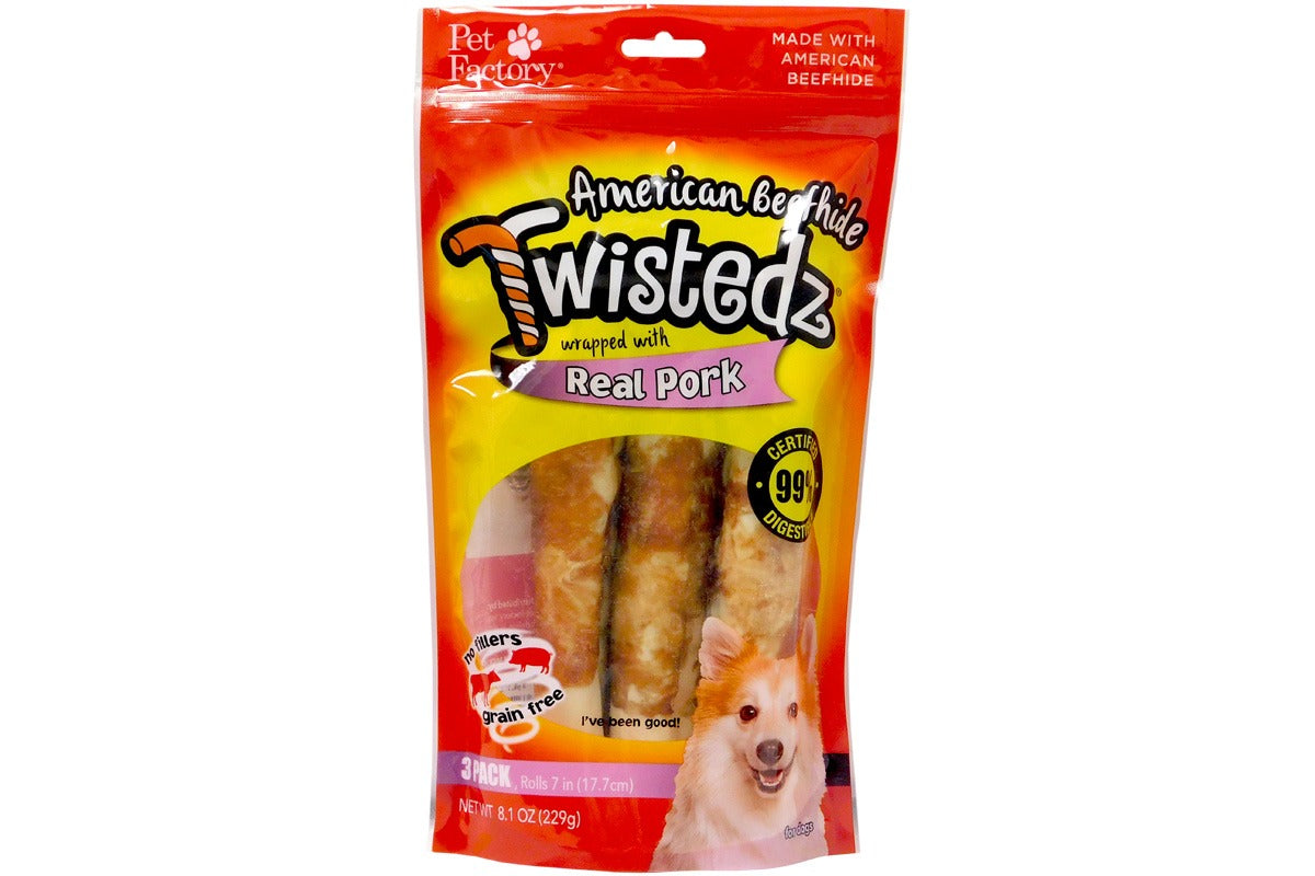Pet Factory - TWISTEDZ American Beefhide Rolls w/Pork Meat Wrap, 7″ 3pk