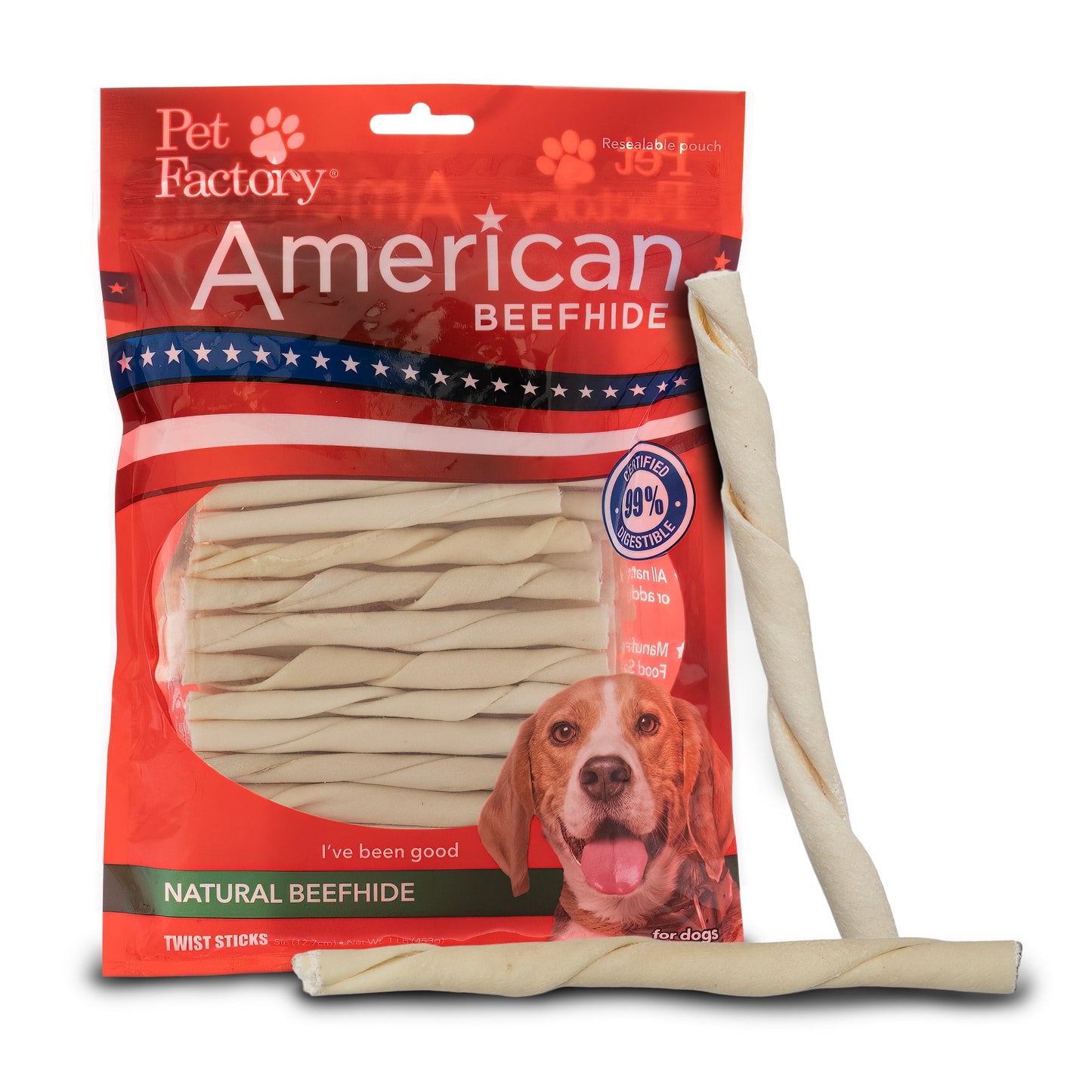 Pet Factory - American Beefhide Twist Sticks Flavored Dog Treats, 5"