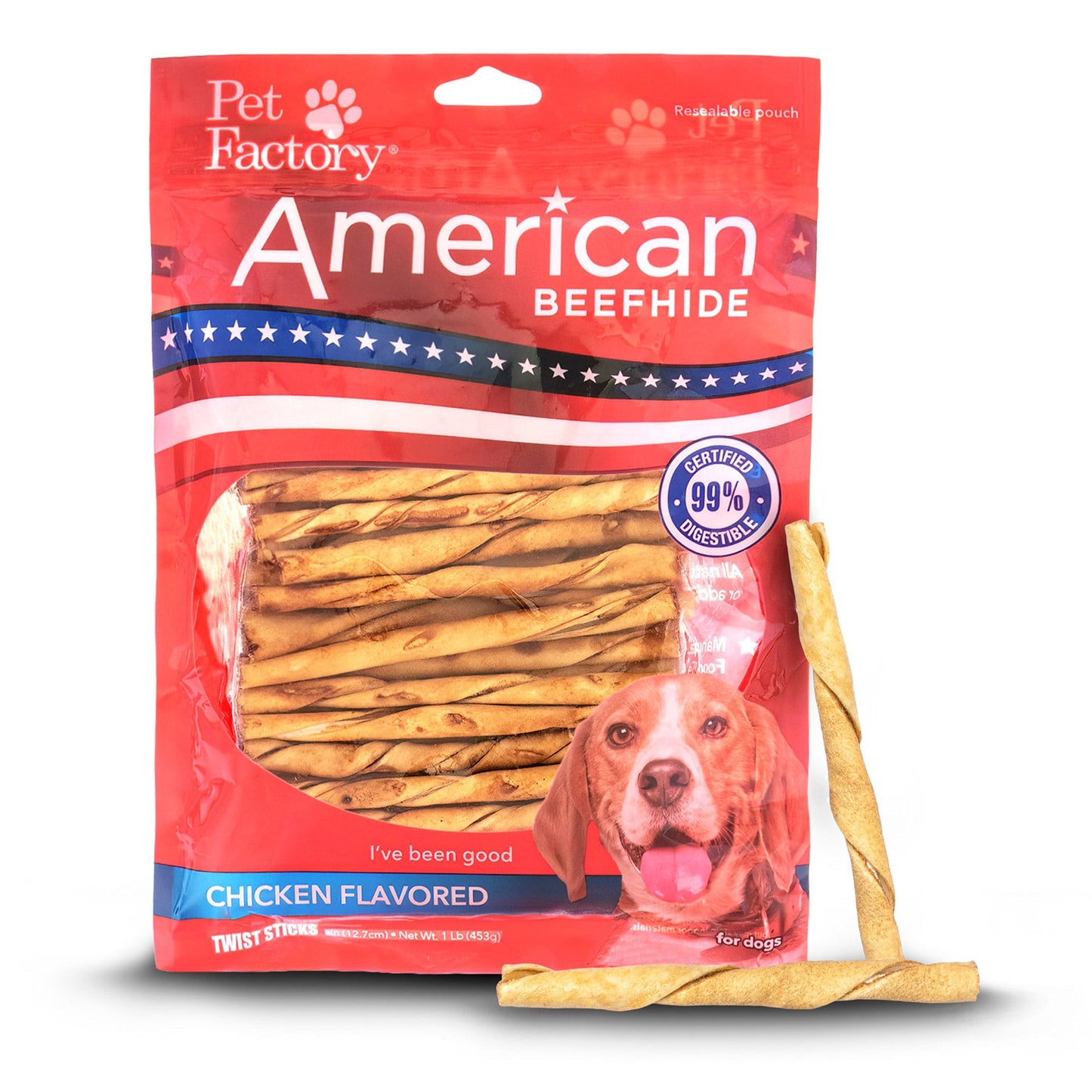 Pet Factory - American Beefhide Twist Sticks Flavored Dog Treats, 5"