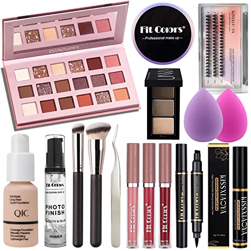 Lookmee All In One Makeup Essential Starter Kit for Beginners or Pros, 18 Colors Naked Eyeshadow Palette Nude Face Primer, Brush, Sponge, Eyebrow Powder, Winged Eyeliner Stamp (SetA)