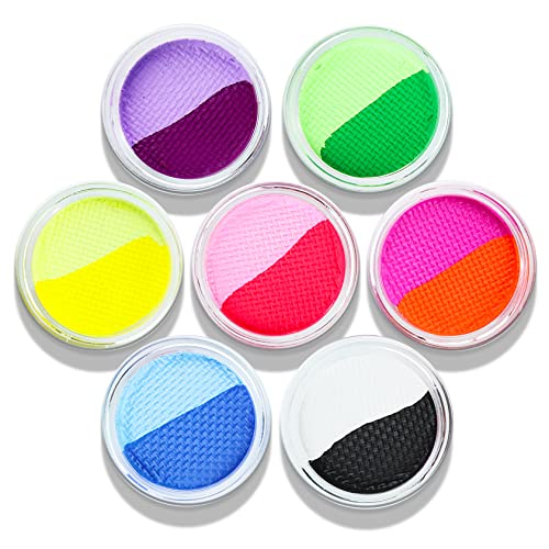 MEICOLY Water Activated Eyeliner 14 Colors,Neon UV Rainbow Face Paint,7 Cakes Duo Color Halloween Hydra Liner,Matte Graphic Eyeliner, Fluorescent Glow Blacklight Black White Body Paint