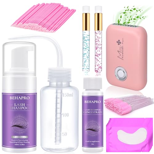 Lash Cleaning Kit,w/2 Pack Lash Shampoo for Lash Extensions 1 Cleanser Concentrate Total 6.76oz,Mini Lash Fan, Disposable Eyelash Cleaning Spoolie Lash Wash Shampoo Brush,Rinse Bottle,Eye Gel Pads