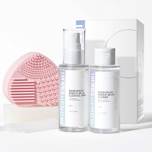 IMAKEUPNOW Makeup Brush Cleaner 5Pcs Set 7.04 Fl Oz, Quick Dry Cleaner Spray and Rinse Solution Dual Purpose With Make Up Brush Cleaner Mat Color Removal Sponges Brush Protection Nets For Makeup Brush