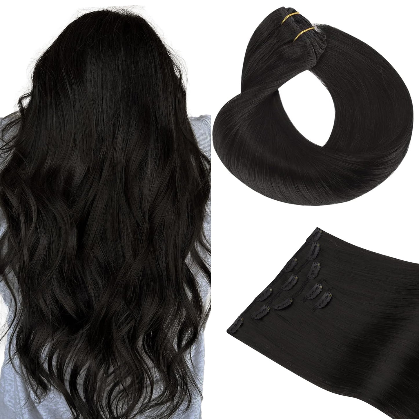 HOTBANANA Clip in hair Extensions, Natural Black Clip in Hair Extensions Real Human Hair Remy Hair Stright Clip in Hair Extensions 20 inch 90g 5pcs