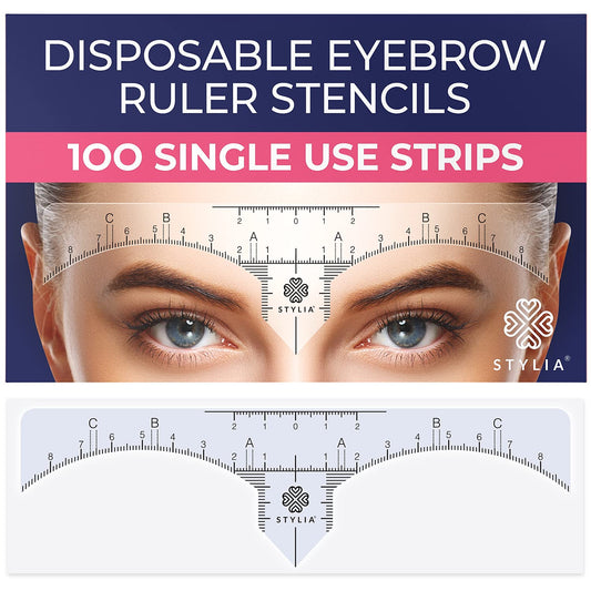 Disposable Eyebrow Ruler Stencils - Transparent Mapping Stickers for Microblading, Henna, Brow Extensions, Permanent Makeup - Peel & Stick Measuring Shaper Tool for All Face Shapes - 100-Pack