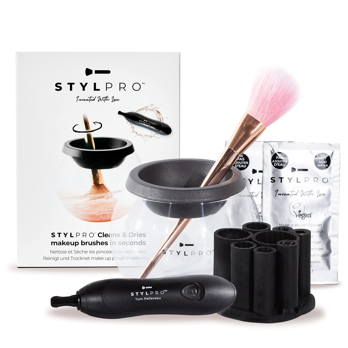 STYLPRO Original Gift Set Kit: Electric Makeup Brush Cleaner and Dryer Machine with 8 Brush Collars, Brush Cleanser - Fast, Automatic Spinning Brush Cleaner with Heat-Resistant Bowl
