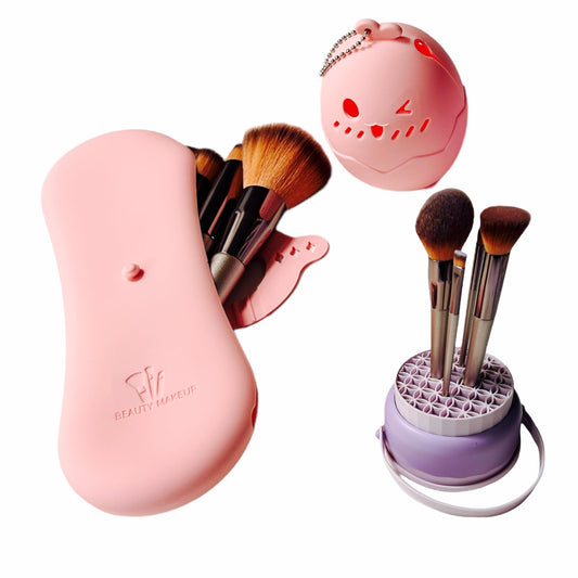 GIFTABLE Multipurpose Makeup Brush Holder- 3Pcs Set Travel Makeup Brushes Pouch, Beauty Blender Sponge Holder & Cleaner, Silicone Brush Holder can be Travel Toothbrush Holder (PINK)