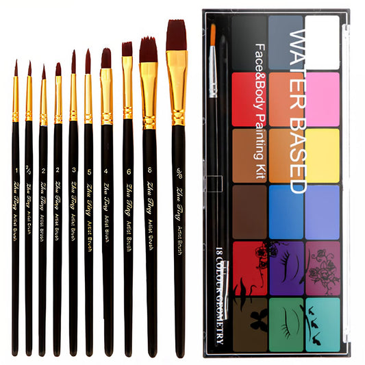 BRIMFULITE Face Painting Kit Non-toxic Body Paint Washable 18 Colors Facepaint Makeup Kit for kids Adults with 10 Face Paint Brushes for Halloween Kids Party Cosplay Makeup (Color 001)