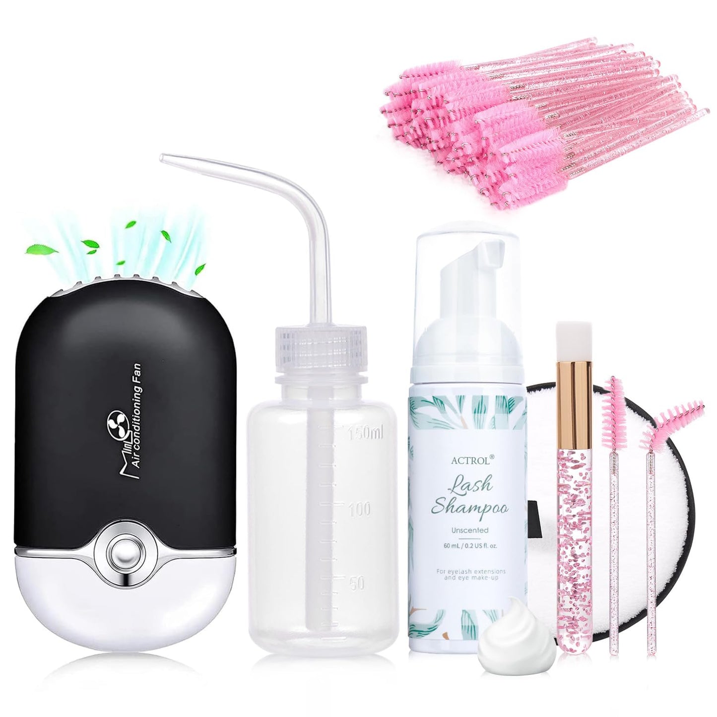 ACTROL Eyelash Extension Shampoo Kit 60ml Unscented Lash Extension Cleanser with Lash Fan Black Professional Eyelid Foaming Cleanser Paraben & Sulfate Free Non-lrritating