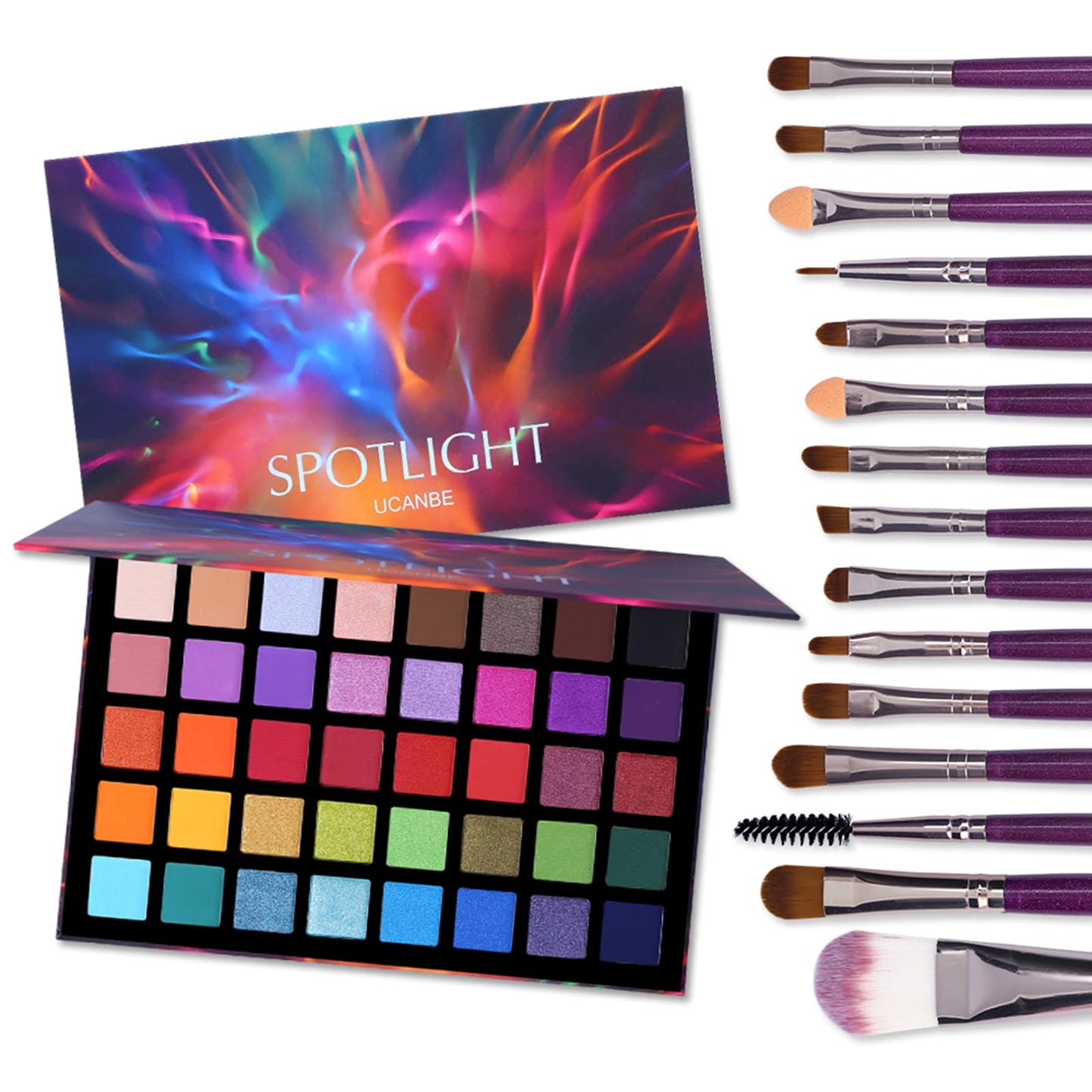UCANBE Spotlight Eyeshadow Palette + 15 PCS Eye Brushes Makeup Set, Professional 40 Color Matte Shimmer Glitter Eye Shadow Pallet Highly Pigmented Waterproof Long Lasting Make up Pallete