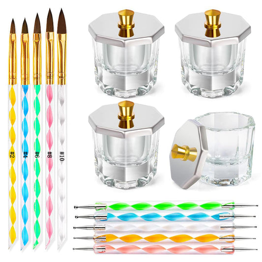18Pcs Dappen Dish Cups Nail Art Brushes Kit, Acrylic Nail Brush Nail Dotting Pens Clear Glass Nail Monomer Liquid Bowl Nail Cup Glass Jar for Nail Art Acrylic Liquid Powder,Home Use and Nail Salon