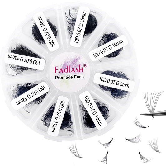 1000 Mixed Volume Eyelash Extensions Tray - 10D Premade Fans, D Curl Lash Fans, Pointed Handmade Loose Thin Base Fans (10D-0.07D, 9-16mm)