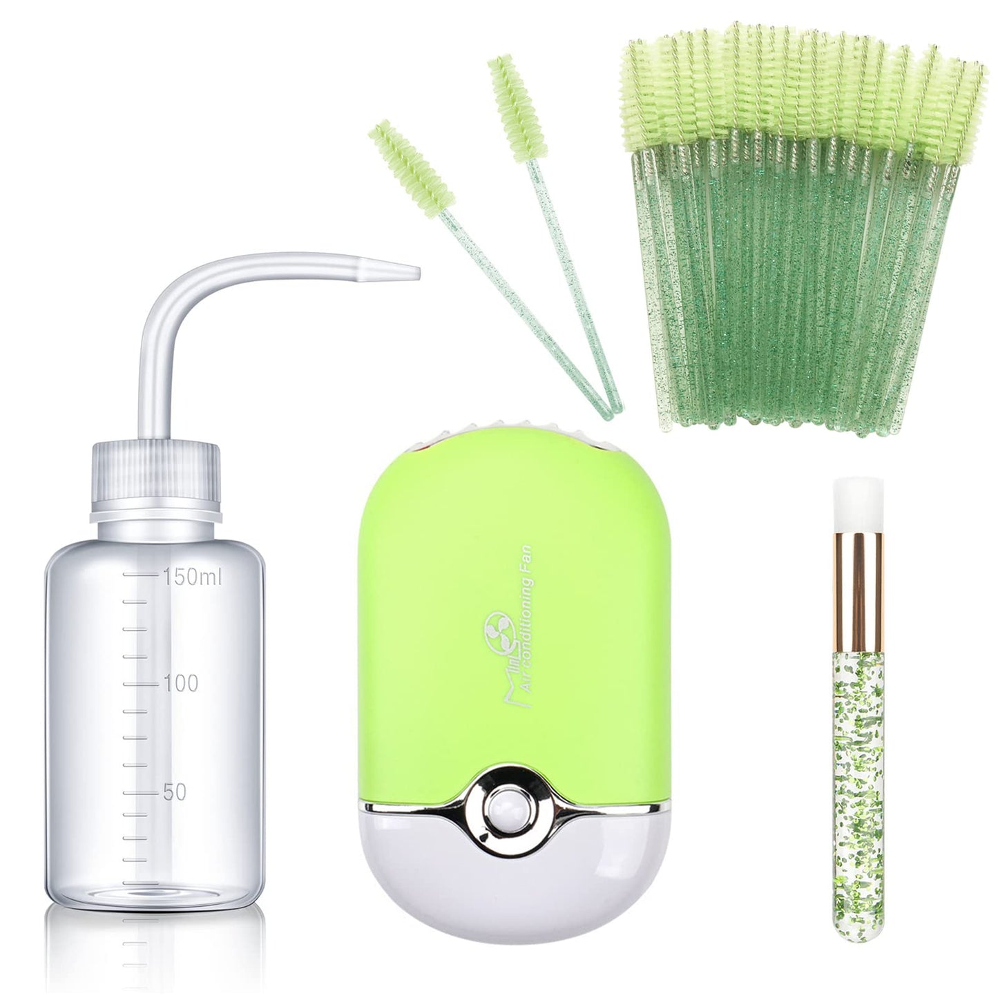 AREMOD Eyelash Extension Supplies with USB Mini Lash Dryer 50 Lash Shampoo Brush 1 Nose Blackhead Facial Cleaning Brush 1 Plastic Wash Bottle(Green)