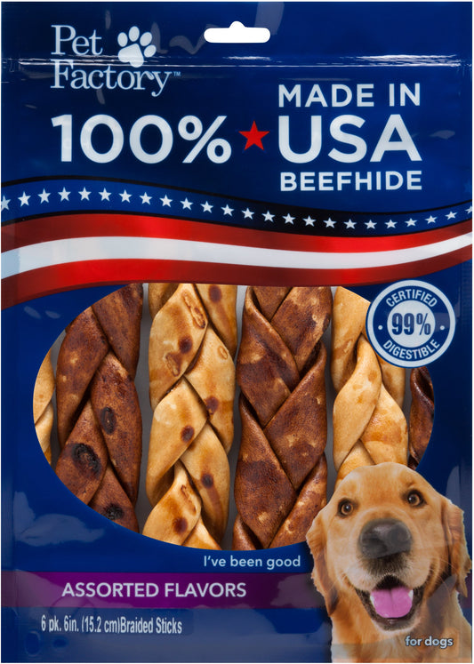 Pet Factory - Made in USA Beefhide Braided Sticks Flavored Dog Treats