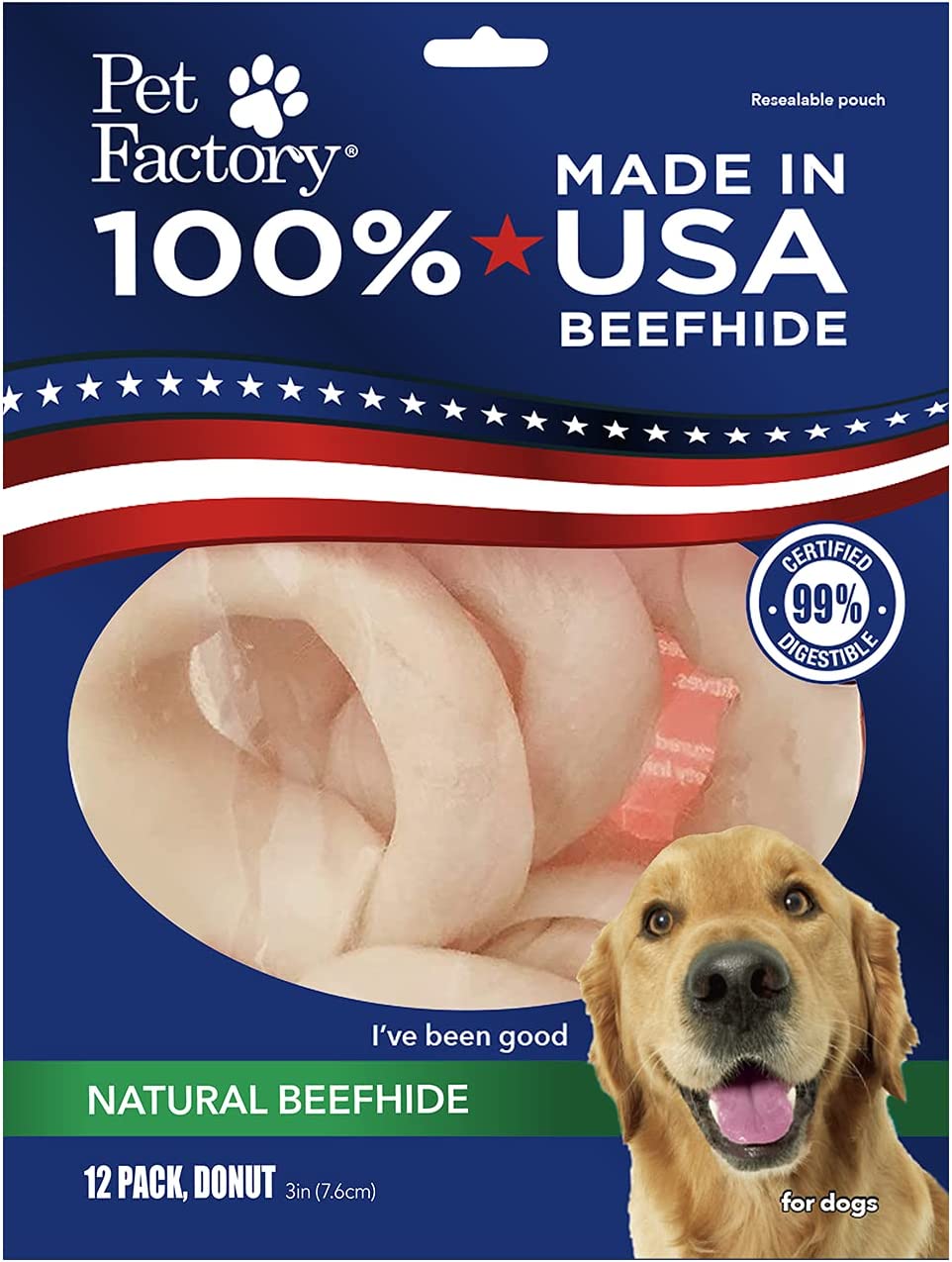 Pet Factory - Made in USA Beefhide Donuts Flavored Dog Treats, 12 count