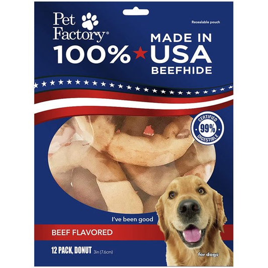 Pet Factory - Made in USA Beefhide Donuts Flavored Dog Treats, 12 count