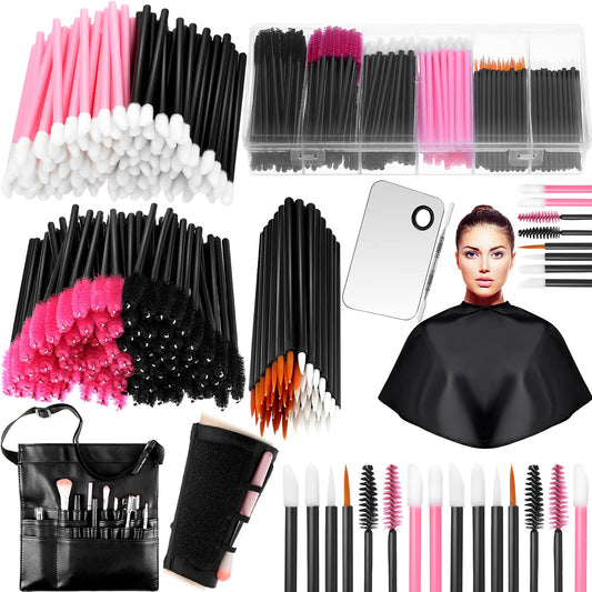 268 Pieces Disposable Makeup Tools Kit, Includes Eyeliner Brushes Makeup Short Waterproof Cape Stainless Steel Palette Mascara Wands Lipstick Applicators Plastic Organizer Box Bag Armband Cleaner
