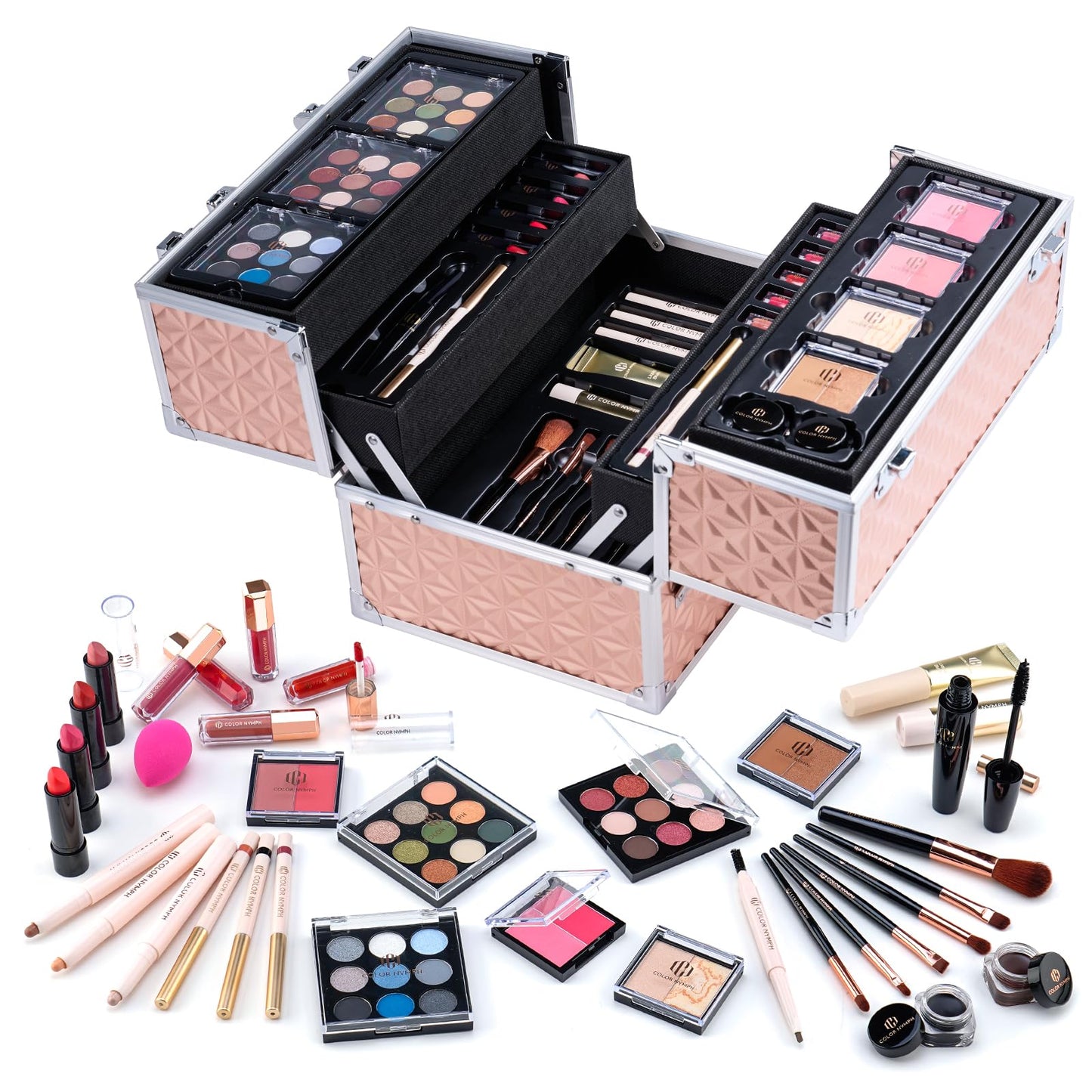 Color Nymph All in One Makeup Set for Girls Women, Professional Makeup Set High Capacity Train Case include Eyeshadow Highlight Blush Lipstick Lipgloss Brush (Gold)