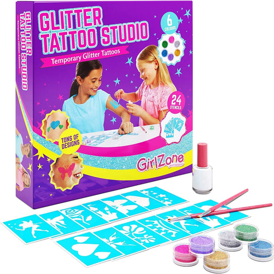 GirlZone Temporary Glitter Tattoos Kit for Girls, 33 Fun Pieces in 1 Sparkly Glitter Tattoos for Kids Kit, Easy to Apply and Remove Glitter Tattoo Kit for Kids Creative Playtime and Dress Up Parties