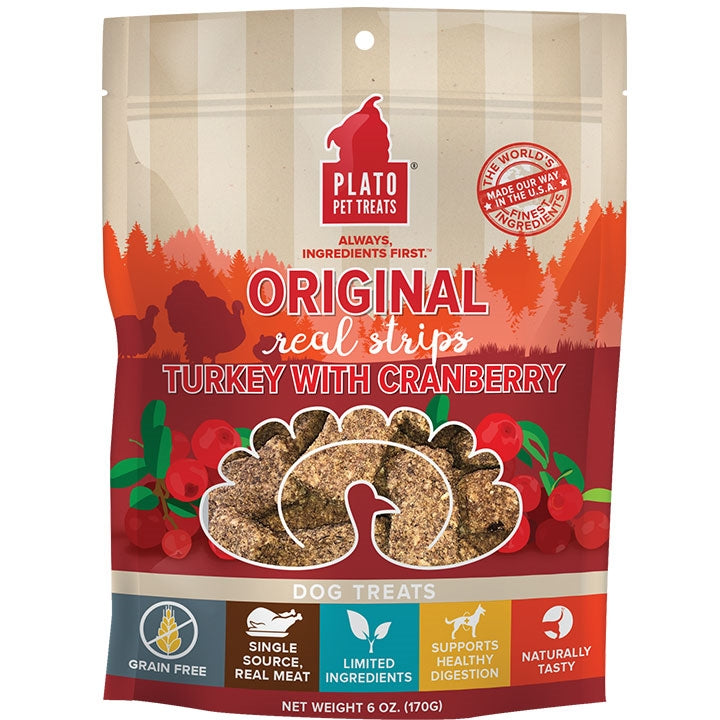 Plato Dog Strips Grain Free Turkey Cranberry 6oz,
