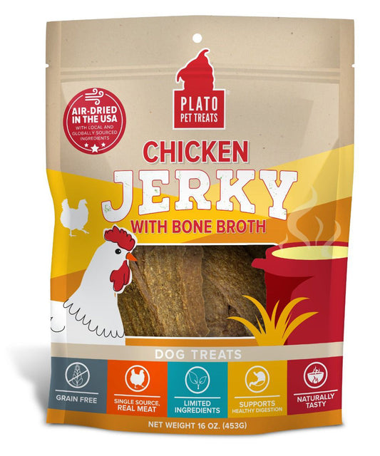 Plato Dog Jerky Chicken With Bone Broth 16oz,