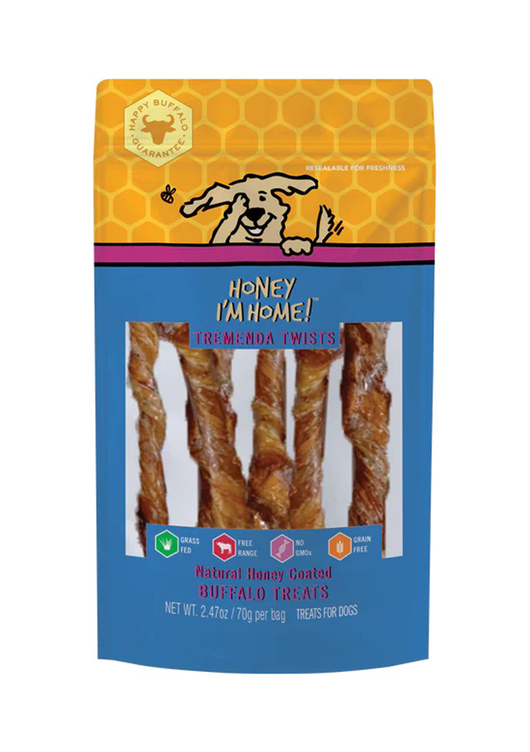 Honey Im Home Dog Natural Honey Coated Buffalo Treats Tremenda Twists 2,47oz,