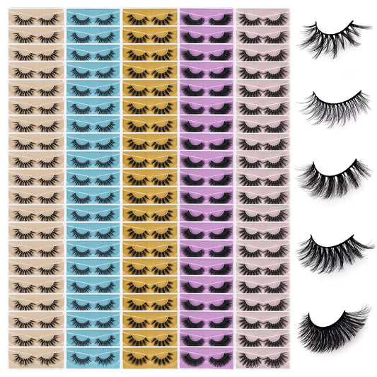 Wholesale Mixed Lashes Pack 3D Faux Mink Eyelashes 5 Style 100 Pairs Fluffy Volume Natural Charming Look Medium Length Eyelashes Cotton Band Handmade Reusable Soft False Eyelashes (5 styles-100 pairs)
