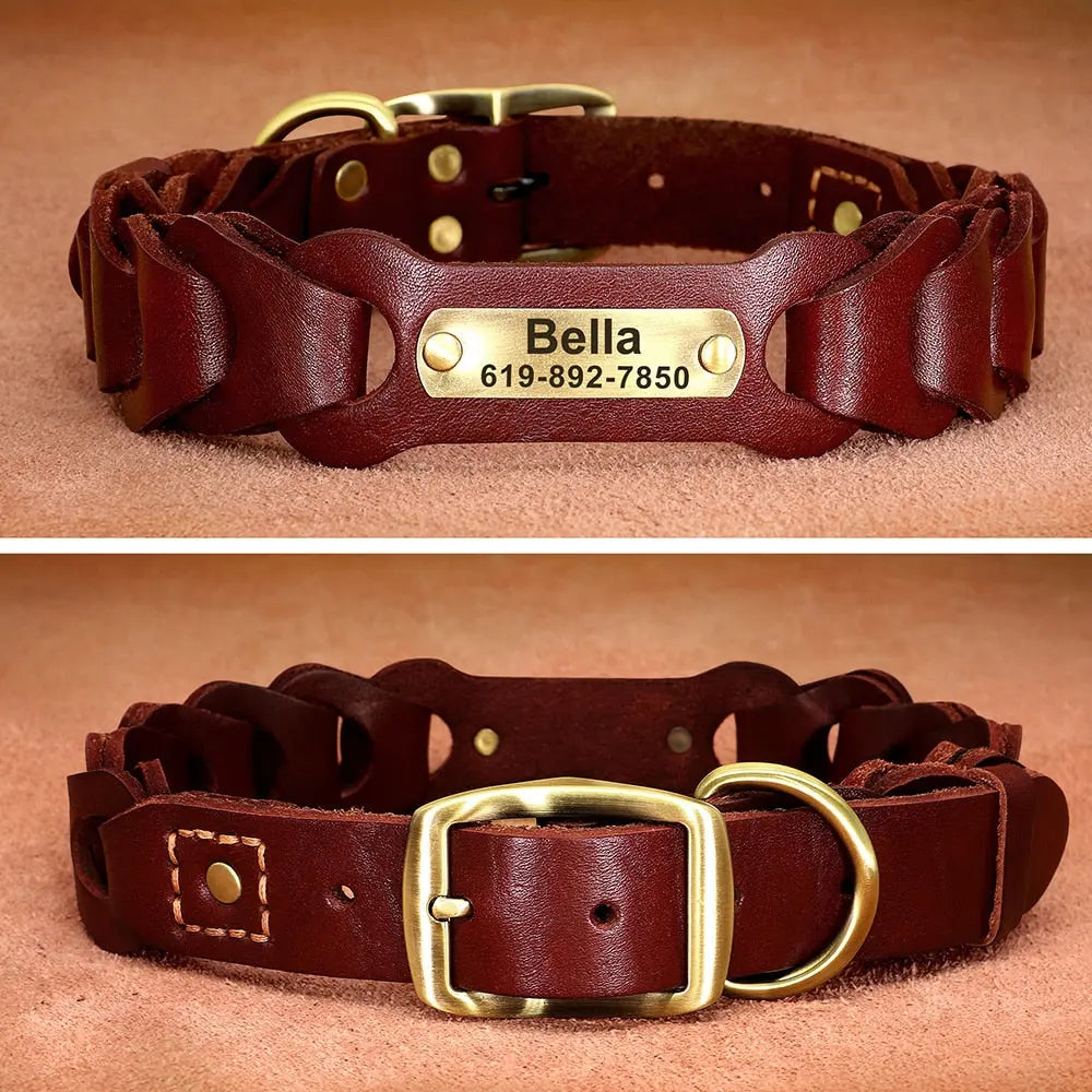 Large Dog Leather Collar w/ Gold Name Tag - Engrave Your Pet's ID GROOMY