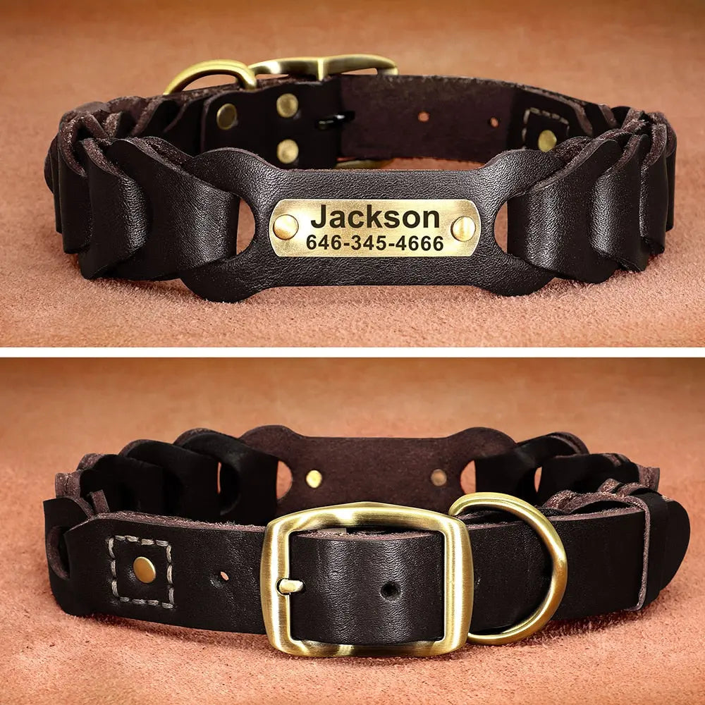Large Dog Leather Collar w/ Gold Name Tag - Engrave Your Pet's ID GROOMY