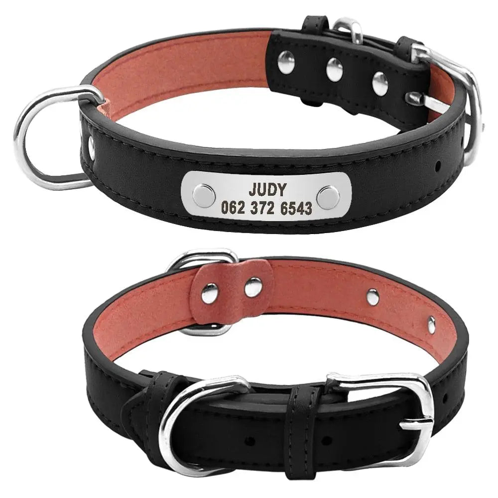Leather Dog Collar w/ Silver Name Tag - Engrave Your Pet's ID GROOMY