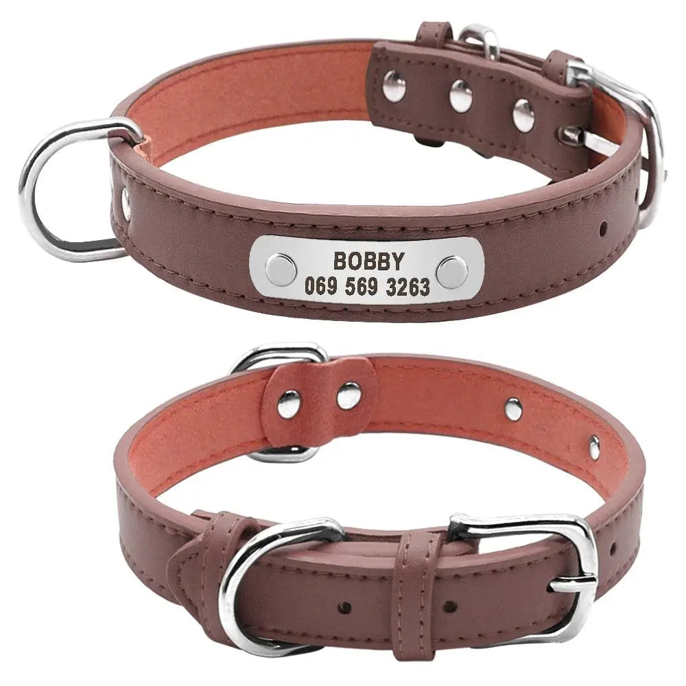 Leather Dog Collar w/ Silver Name Tag - Engrave Your Pet's ID GROOMY