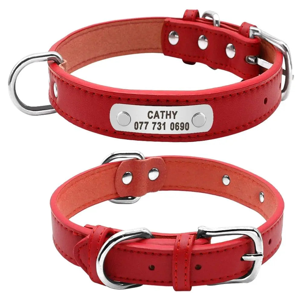 Leather Dog Collar w/ Silver Name Tag - Engrave Your Pet's ID GROOMY
