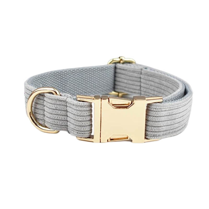 Light Grey Corduroy Dog Collar And Leash With Custom Engraved Nameplate GROOMY